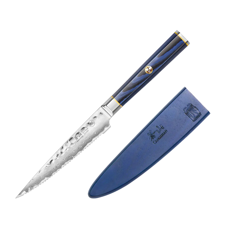 KITA Series 5-Inch Serrated Utility Knife with Sheath, High Carbon X-7 Damascus Steel