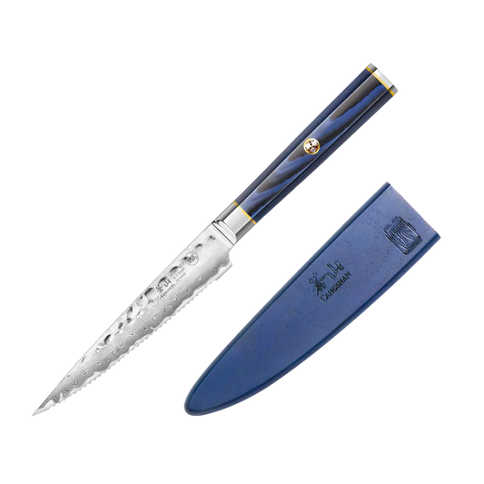 KITA Series 5-Inch Serrated Utility Knife with Sheath, High Carbon X-7 Damascus Steel